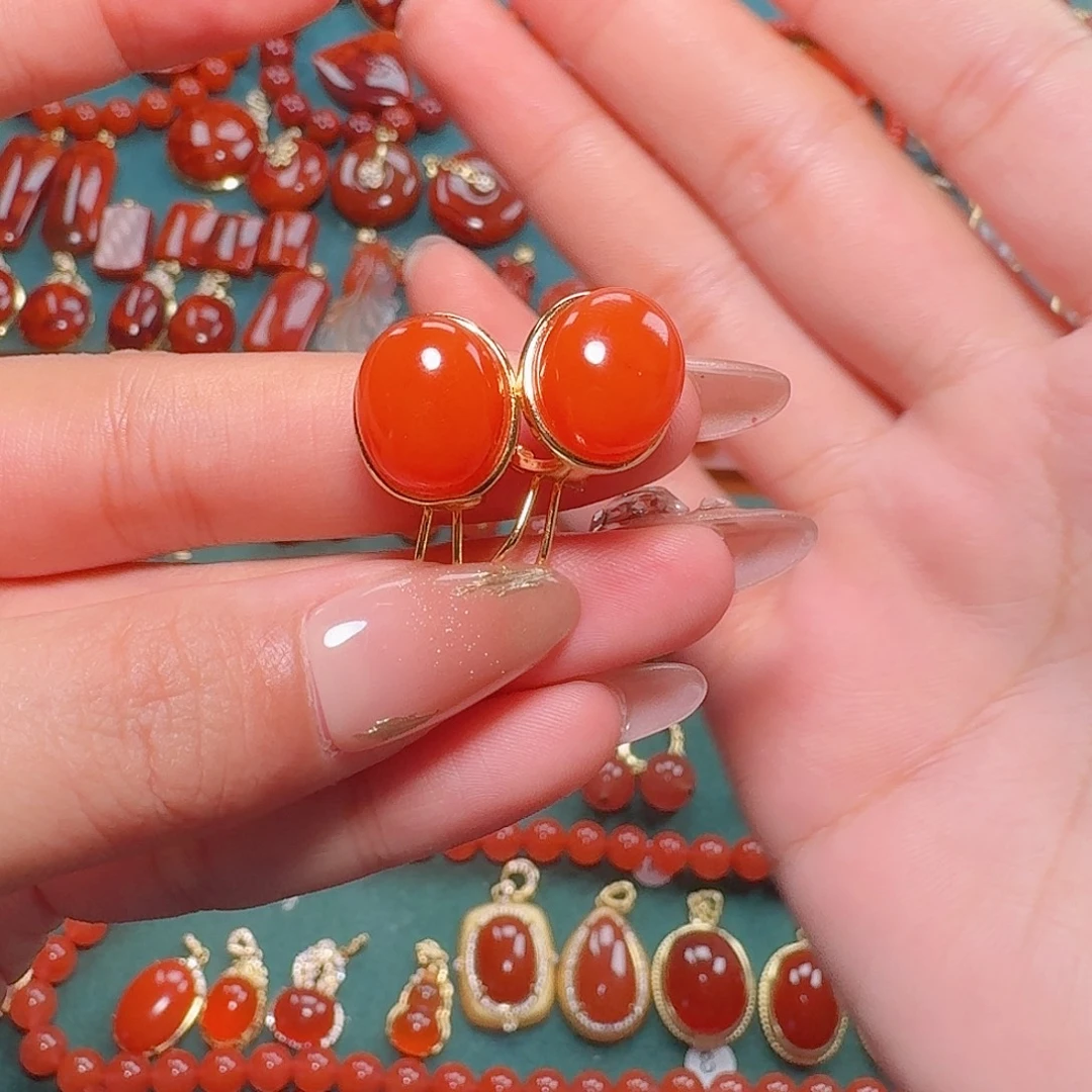 南红玛瑙银S925镶嵌耳饰