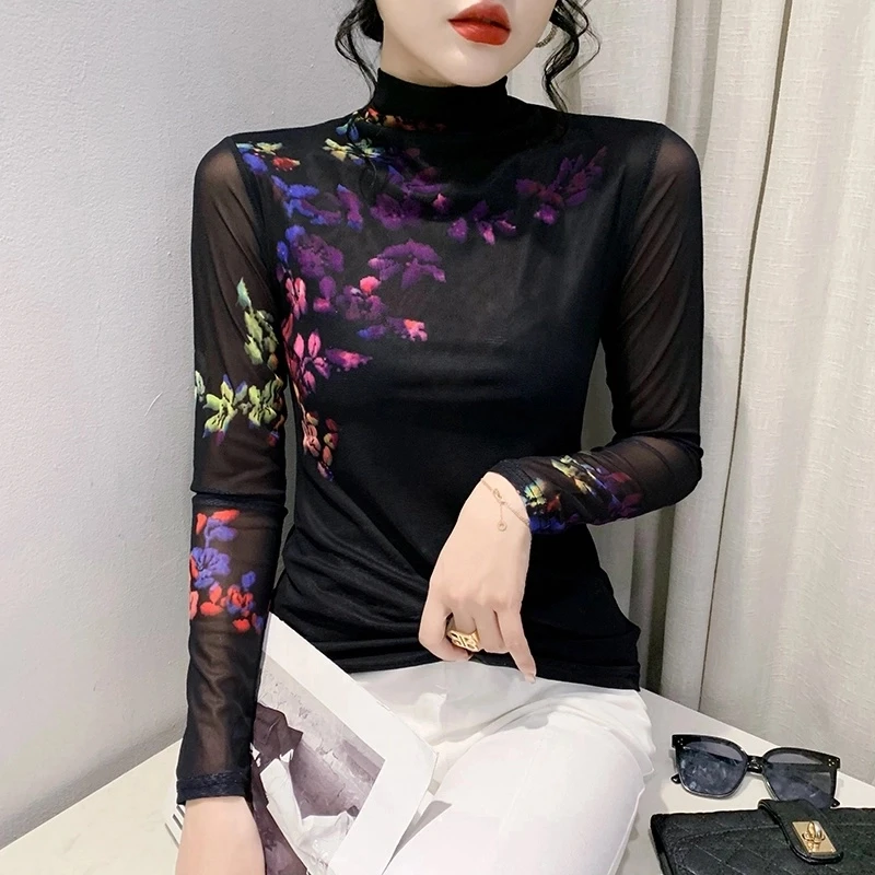 【蝶恋花专属】欧货女装2024秋时尚洋气长袖高领网纱t恤定位花上衣