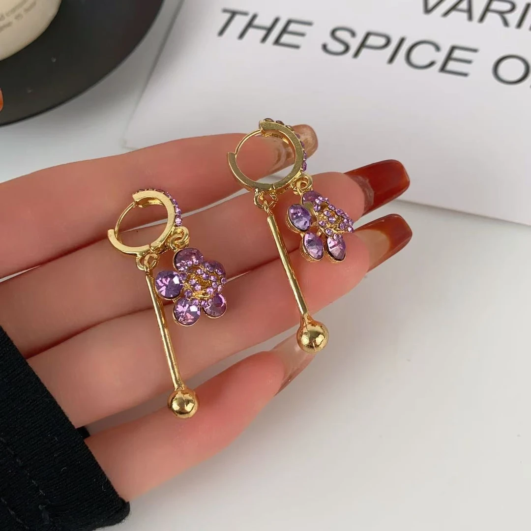 铜合金锆石耳饰 紫色玫瑰花锆石耳环气质耳扣百搭显瘦轻奢长款