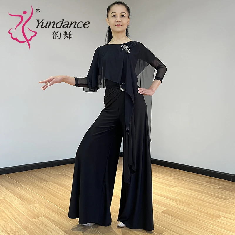 Yundance韵舞新款国标摩登舞蹈服上衣阔腿裤子套装摩登舞练习服
