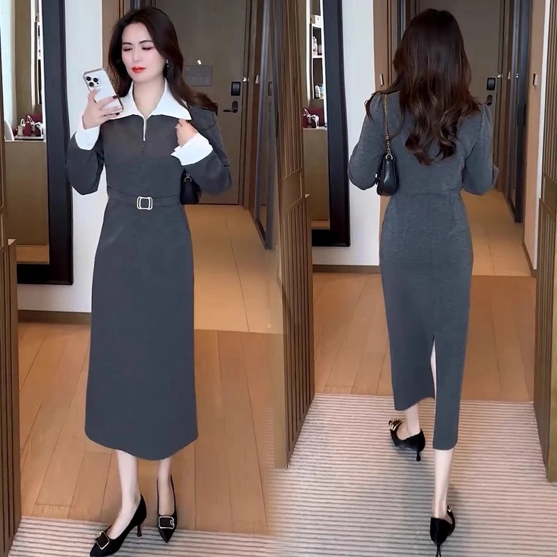 时尚连衣裙女2025春季新款洋气显瘦设计感拼接衬衫领中长款裙子潮