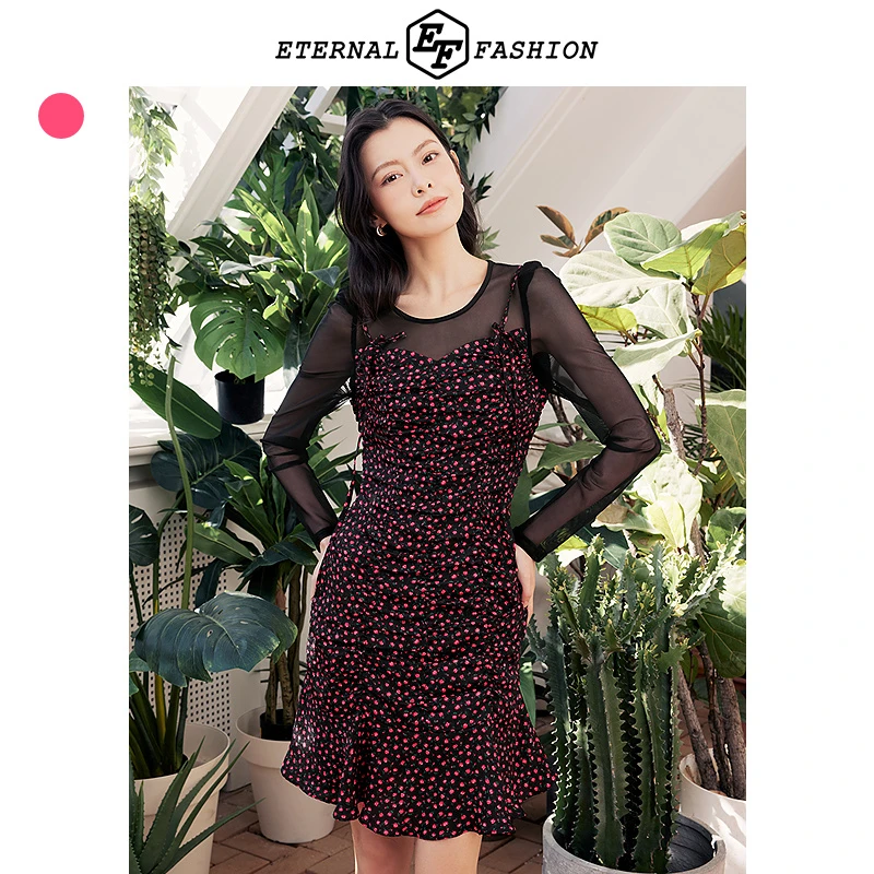 【昕昕严选】EF复古浪漫碎花连衣裙秋季设计感假两件1130611004