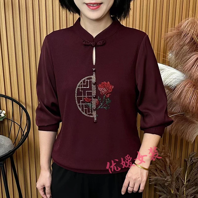 妈妈装秋季喜庆盘扣烫钻中国风显瘦遮肚洋气中老年女装长袖上衣