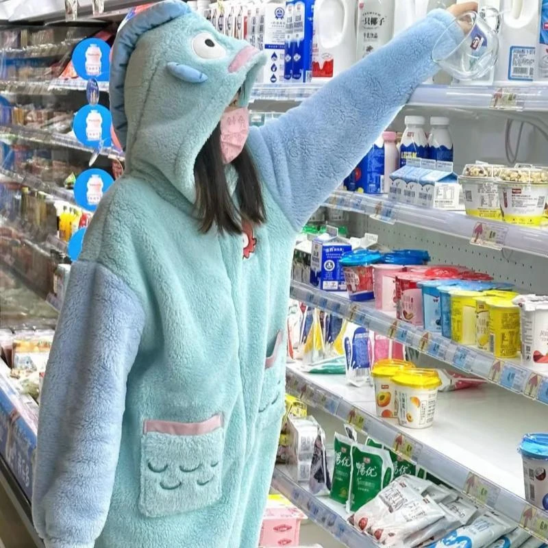 可爱小丑鱼可爱珊瑚绒连体睡衣女冬季加厚毛绒绒家居服连帽睡袍