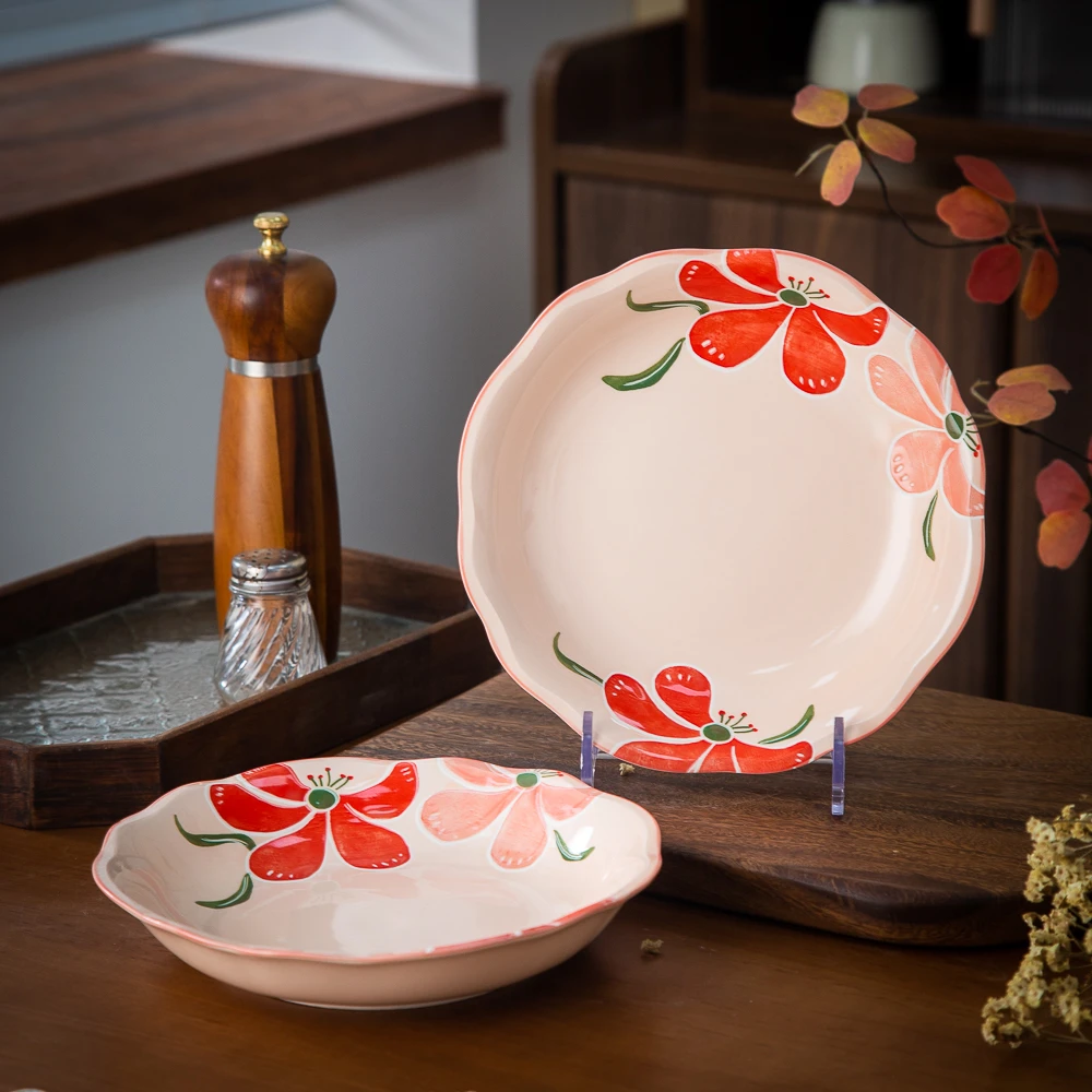 家用陶瓷美二烧釉下彩清新优雅小新清盘锦花宴8英寸花边盘荷口盘