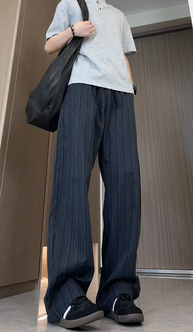老钱风蓝灰细条纹阔腿弯刀裤美式复古做旧早秋设计感垂感休闲裤子