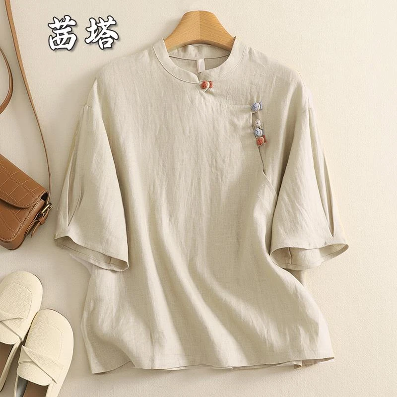 2025时尚新中式偏襟盘扣禅意衬衫女夏季复古宽松立领茶服短袖上衣