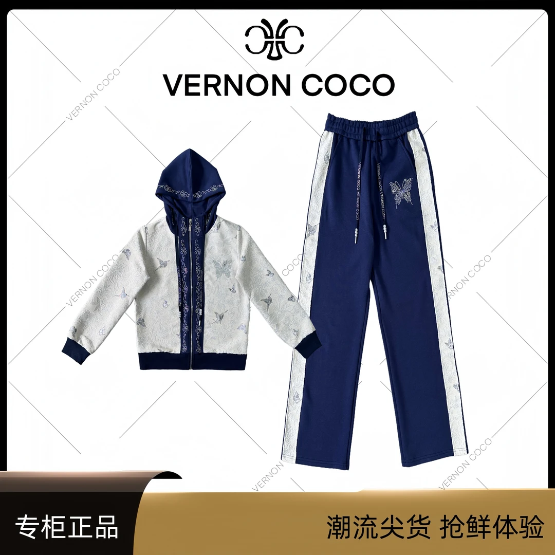 【VERNON COCO】Y30秋季连帽拼接蝴蝶烫钻显瘦休闲气质套装VC512