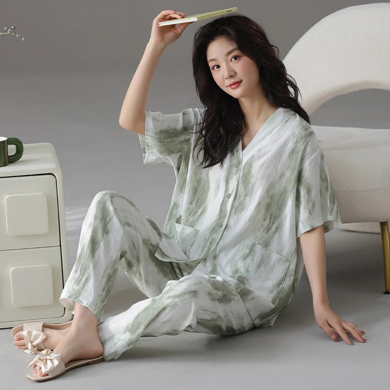 韩版云朵棉短袖长裤睡衣女士夏季甜美可外穿休闲大码家居服套装