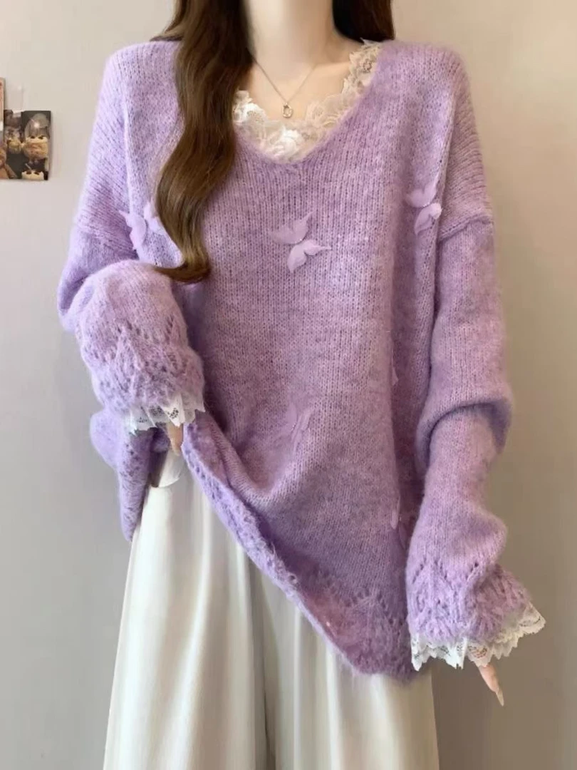 蕾丝花边感内搭毛衣紫色外套女新年冬大码显瘦新年红色上衣女装