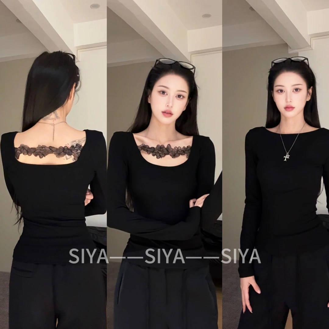 【SIYA】正反两穿有加绒版本~秋季修身纯欲镂空蕾丝内搭长袖T恤上衣
