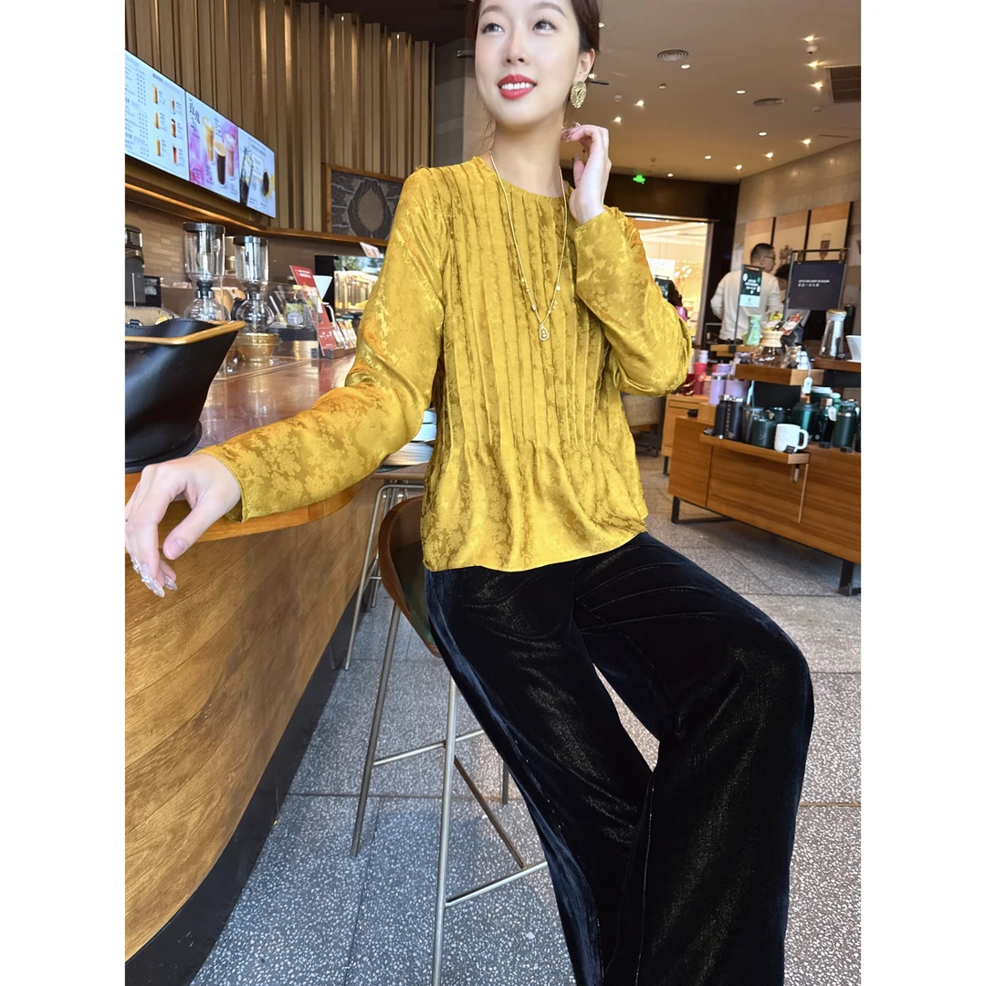 【老罗家】原创真丝衬衫女桑蚕丝花罗提花褶皱显瘦长袖金色气质衬衣