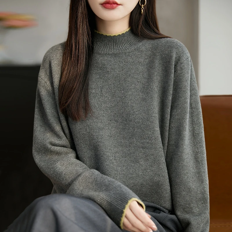秋冬2025新款大码长袖针织衫女宽松显瘦半高领毛衣百搭短款打底衫