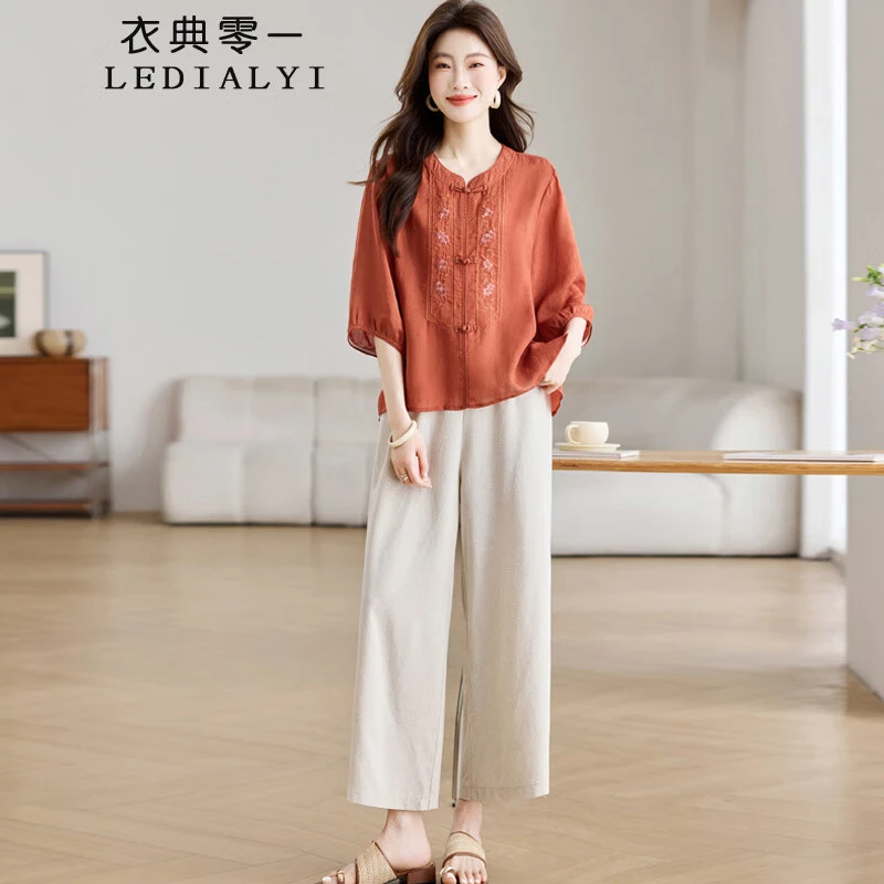 苎麻套装女夏季新款2025年宽松休闲天丝上衣棉麻裤时尚妈妈两件套