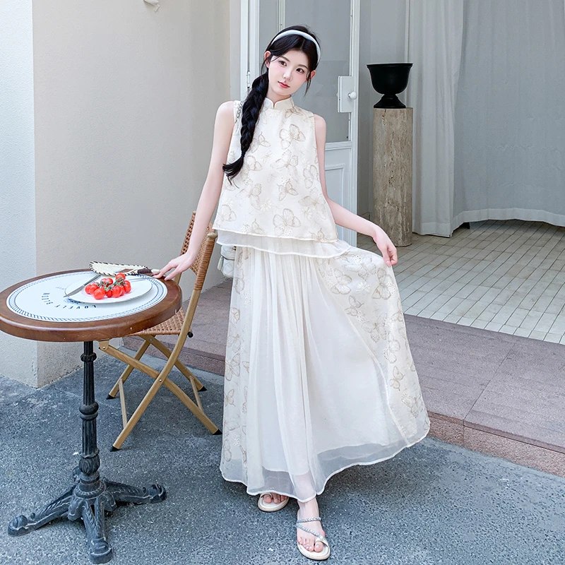 轻国风高级感蝴蝶印花套装裙女2025夏季新款无袖上衣半身裙两件套