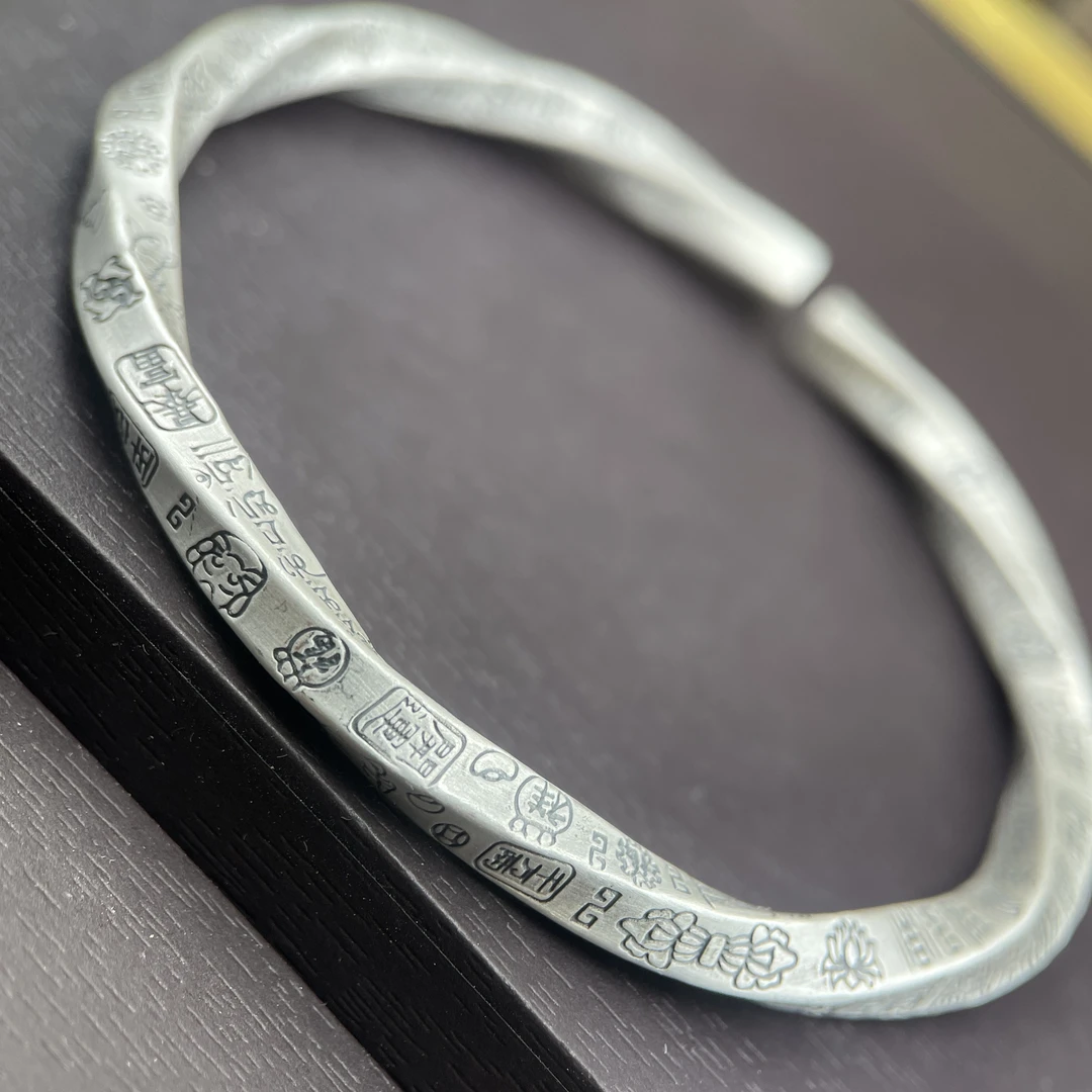 足银手镯 117号古法哑光复古莫比乌斯吉言纯银手镯送礼物约26克