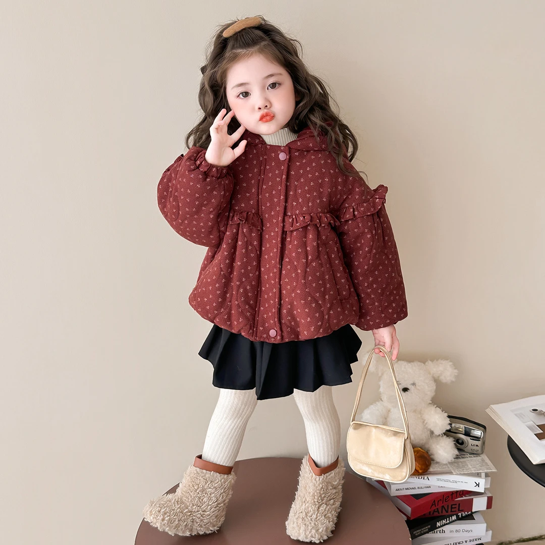 女童加绒棉服外套秋冬2025新款宝宝韩版碎花加厚棉衣洋气儿童棉袄