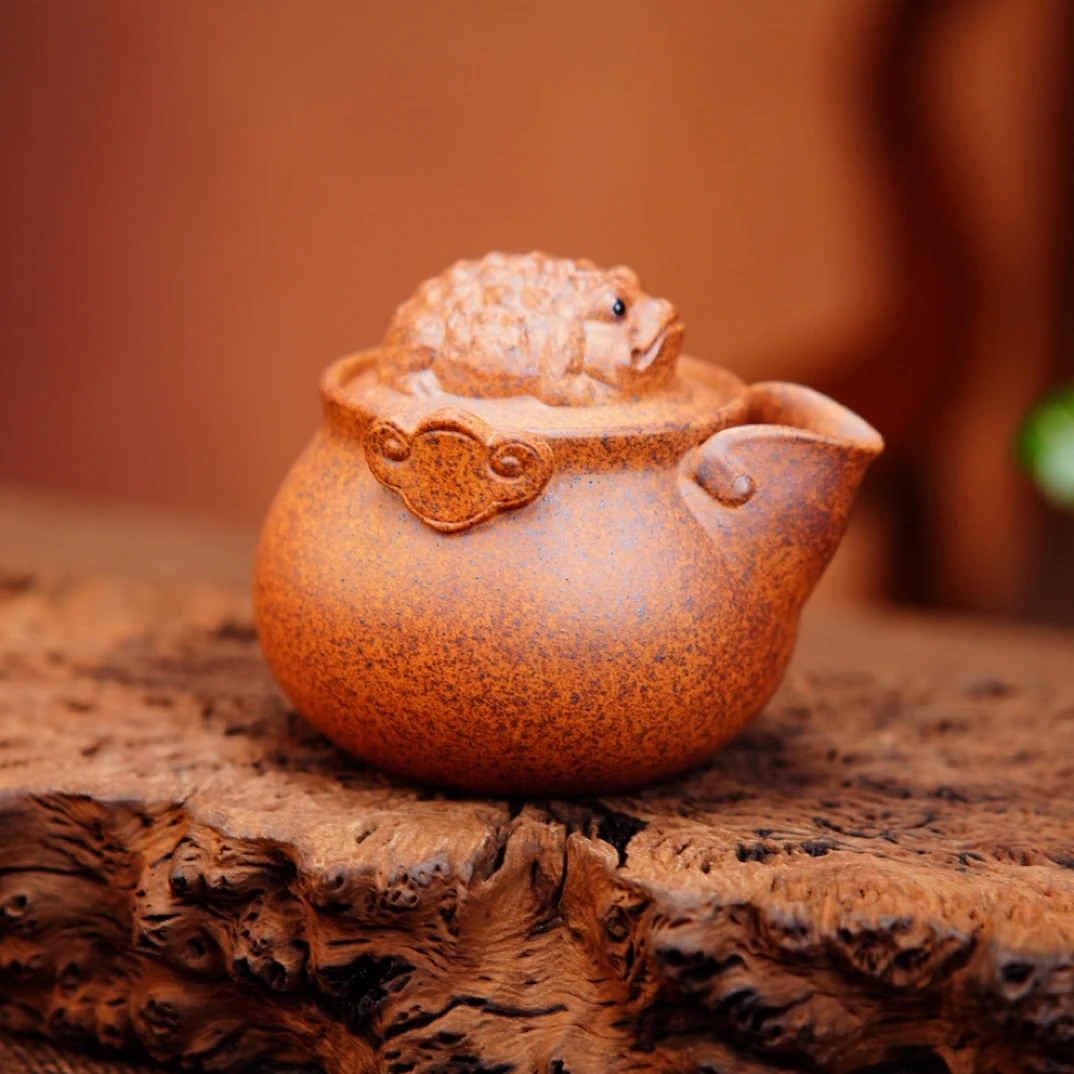 宜兴原矿紫砂茶具 全手工制作 柴烧花器青蛙手抓壶