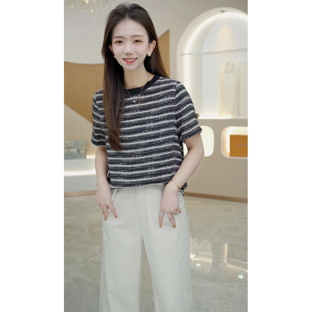 R H  桑蚕丝双绉T恤女圆领显瘦百搭时尚休闲设计感10015