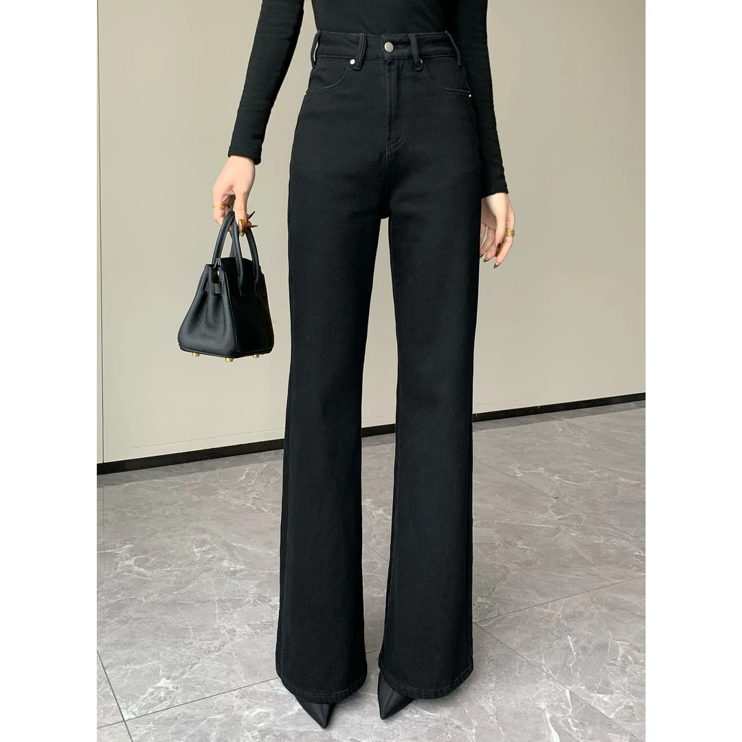 JIJINQI显瘦高腰直筒黑色加绒牛仔裤2024新款休闲裤  JC11KNPT623