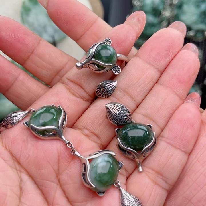 透闪石-蛇纹石玉银S925镶嵌耳坠，吊坠，戒指