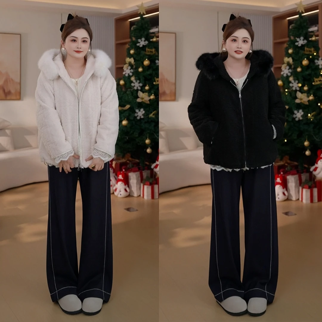 【胖佳佳】现货~经典菱格棉外套 冬季时尚加厚羔毛大衣H625H18112