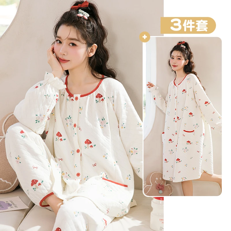 家时光月子服纯棉秋冬产后哺乳服空气棉孕妇睡衣待产裙可喂奶7445