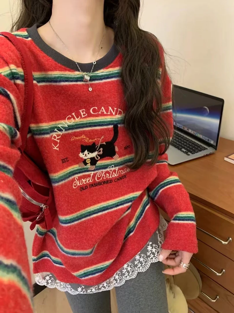 高高2025新年刺绣猫咪蕾丝加厚T恤