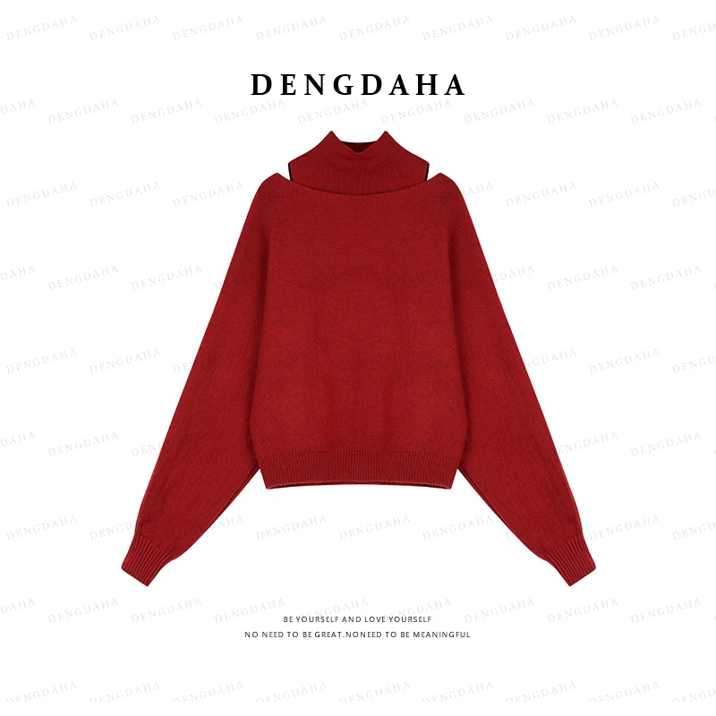 DENGDAHA「加温雪夜」秋冬气质半高领两件套设计感针织毛衣A9093