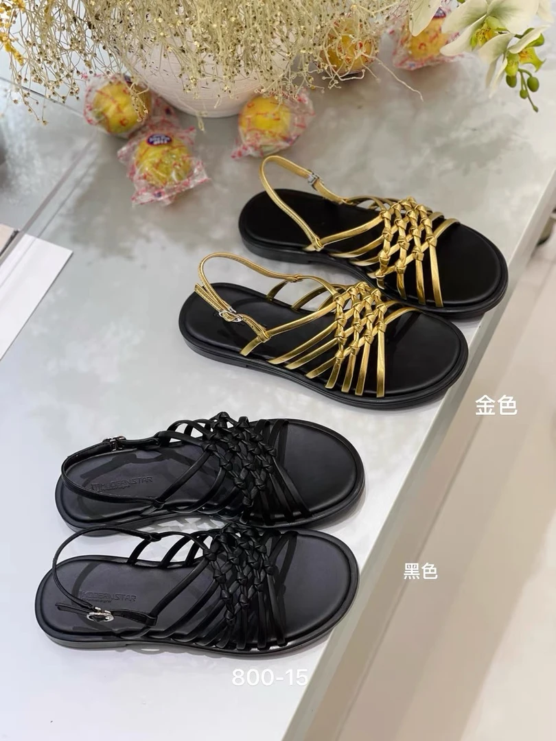 800-15魔都世家渔网镂空平底一字沙滩凉拖鞋女编织度假罗马凉鞋