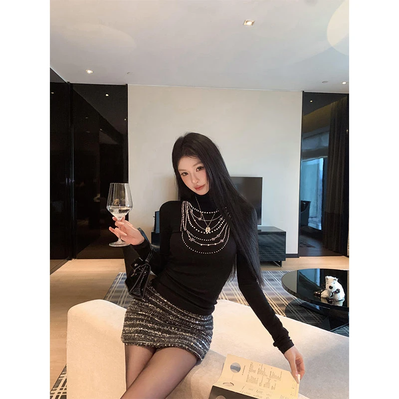 纯欲时尚秋冬新款高级感黑色半高领长袖上衣高腰包臀半身裙套装女