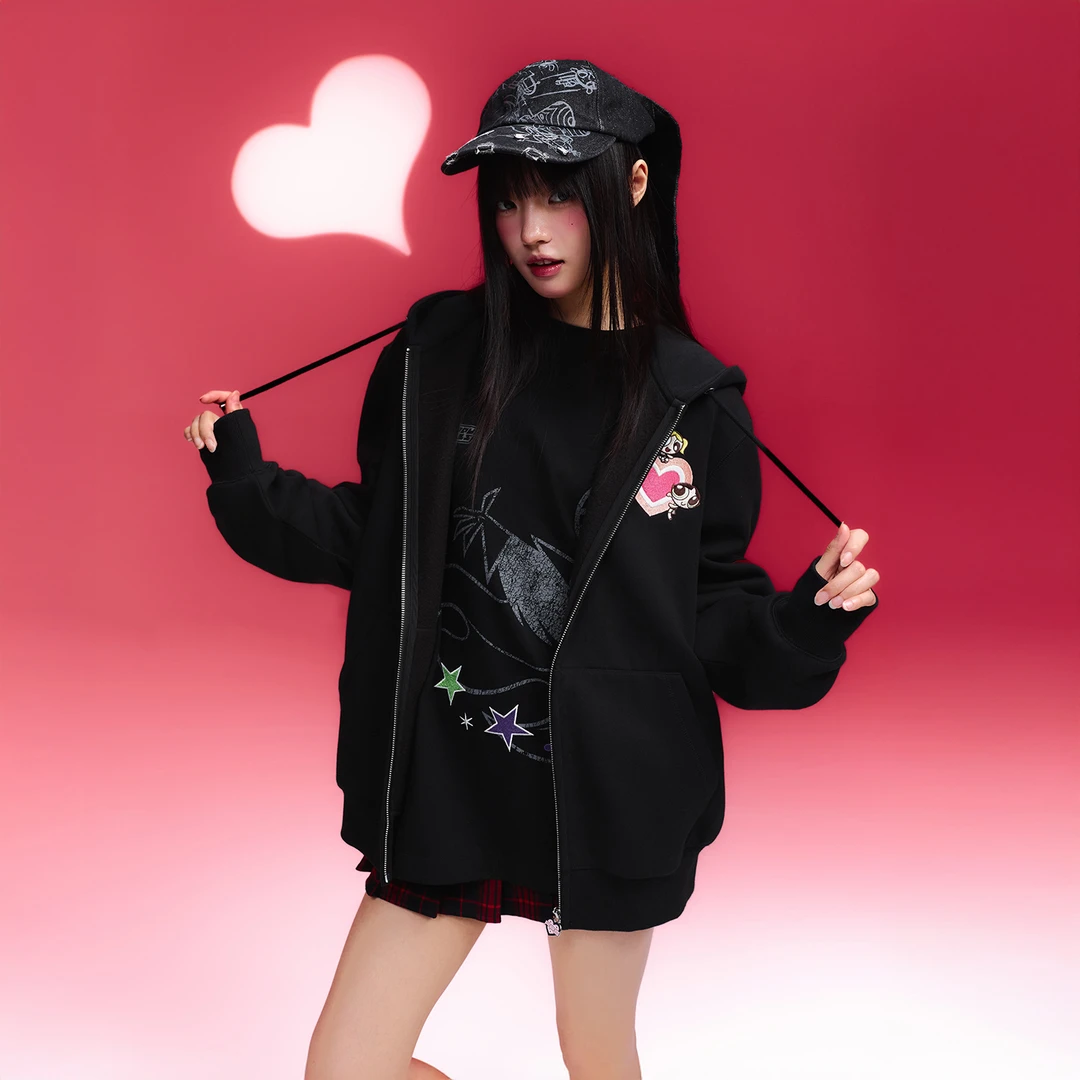 【飞天小女警联名】WHOOSIS爱心刺绣拉链帽衫时尚秋冬季外套男女
