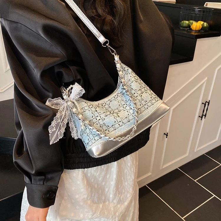 2025新款时尚百搭单肩包斜挎包手提链条软皮牛仔钻石拉链小