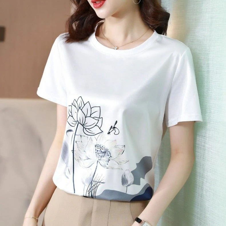 1000夏季丝滑缎面冰凉感百搭时尚印花休闲女T恤洋气AB拼接短袖