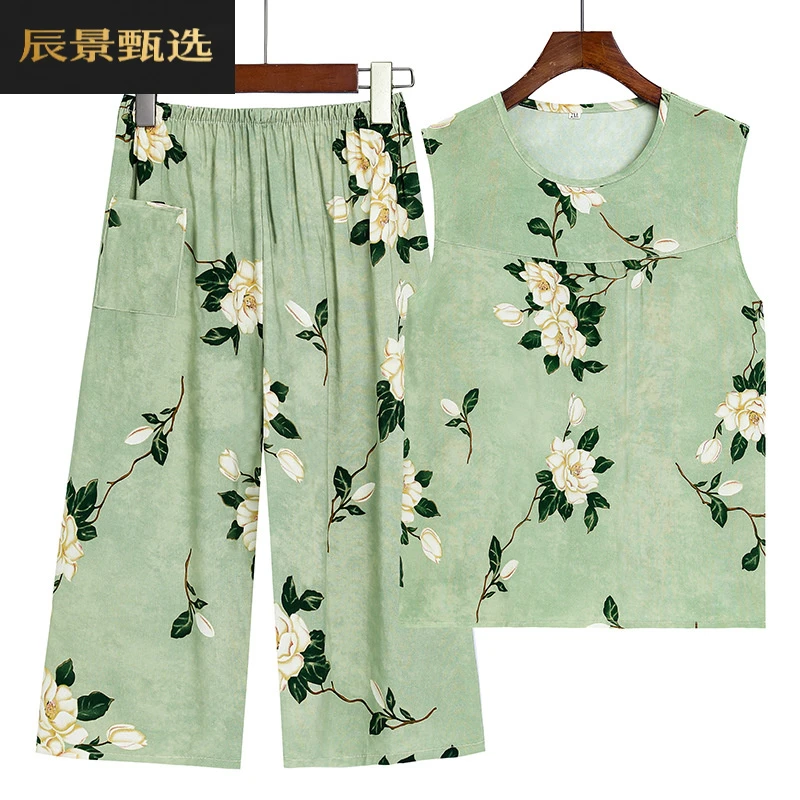 中老年女夏季棉绸无袖背心七分裤睡衣两件套妈妈人造棉家居服套装
