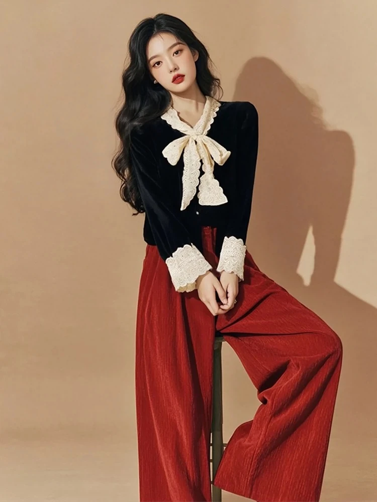 小香风套装独特漂亮大方得体穿搭蝴蝶结黑色丝绒上衣阔腿裤两件套