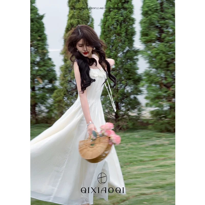 七小七Sicily【茉香风浅】法式纯欲风性感白色紧身吊带连衣裙女夏季