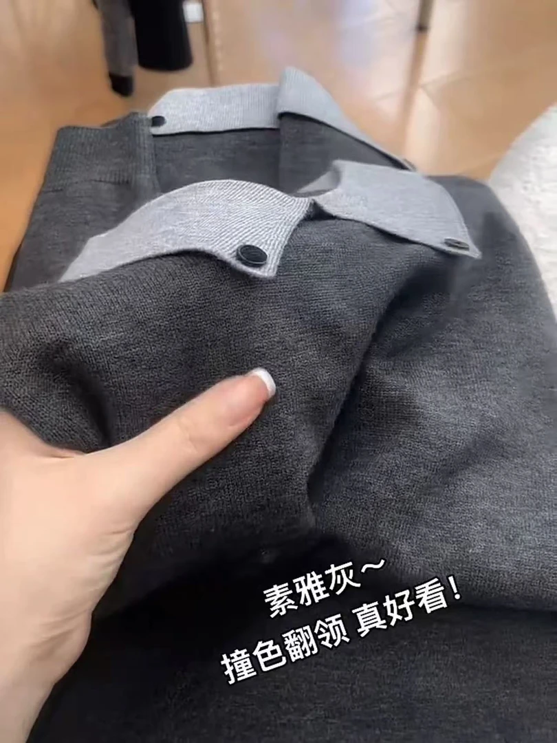 【素雅灰】套头款女修身型毛针织衫长袖翻领POLO领套头