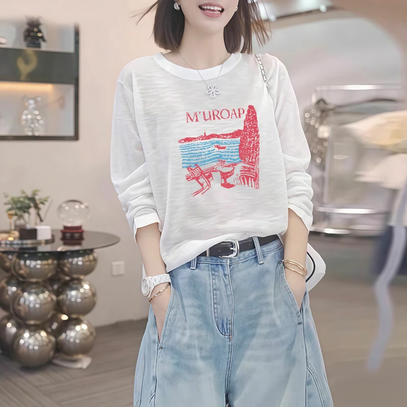 高品质白色圆领雪花棉棉麻t恤女春秋冬长袖新款慵懒内搭上衣打底