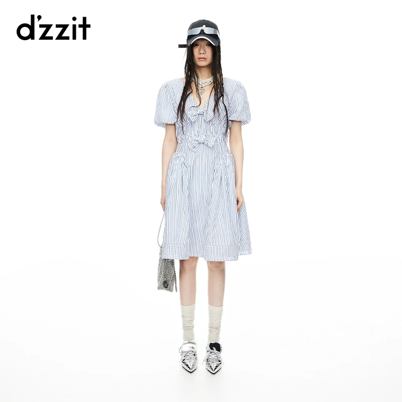 【DZ】dzzit地素连衣裙夏季蓝色条纹蝴蝶结泡泡袖短裙
