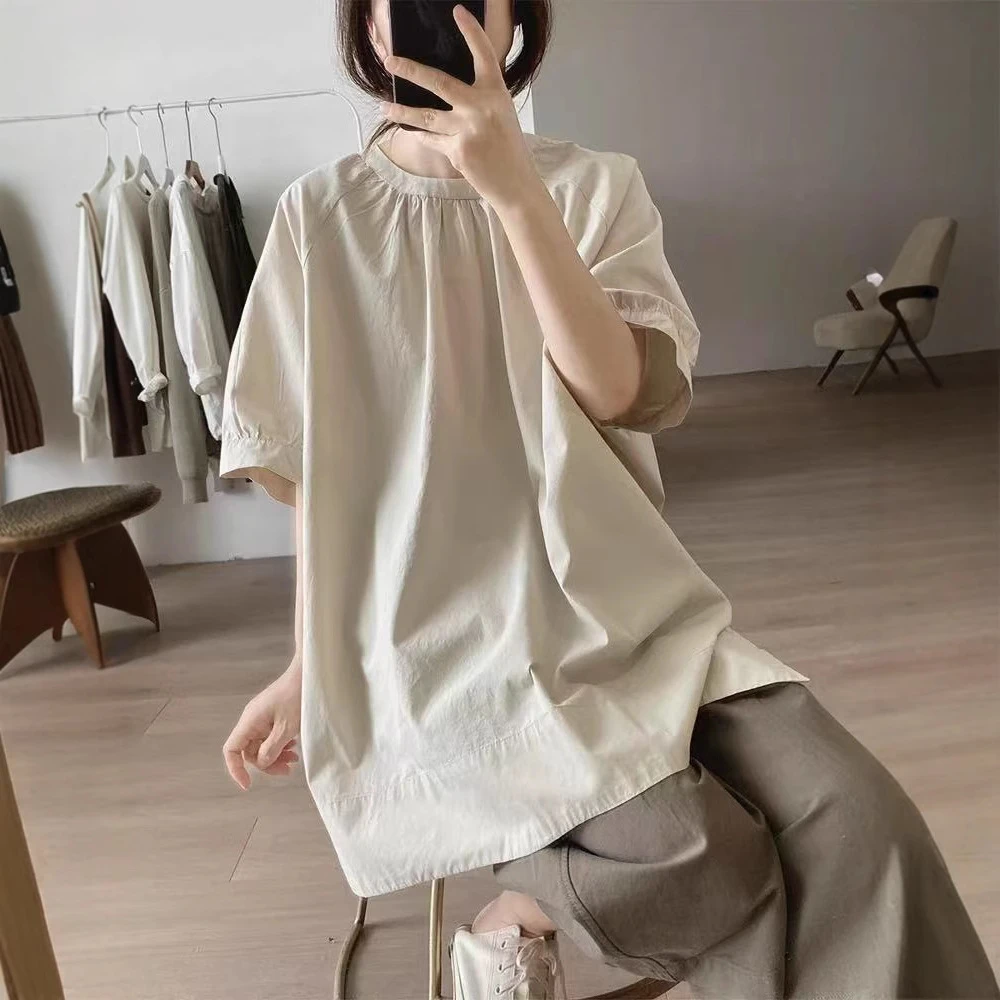 夏季新款 棉质衬衫裙女宽松大码显瘦简约中长款褶皱上衣888691