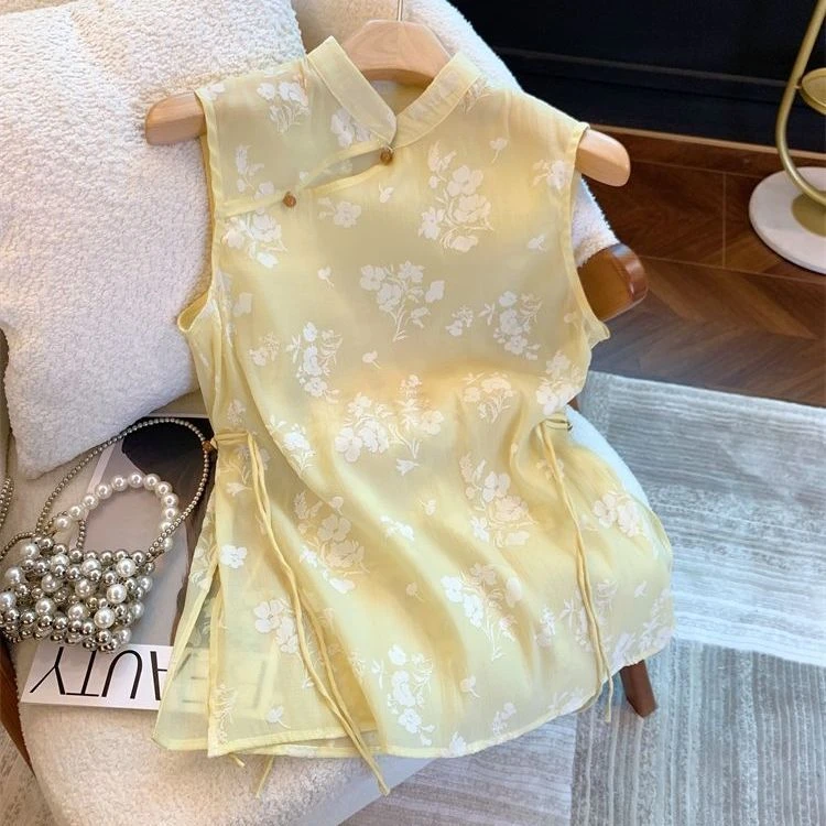 夏装新中式黄色提花蕾丝衫女夏款国风盘扣旗袍立领衬衫无袖网纱小