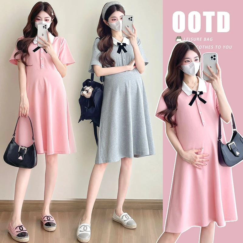 时髦孕妇装新款韩版显瘦气质夏季新款宽松大码polo短袖时尚连衣裙