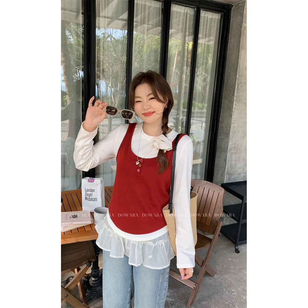 现货6454D大婉酱微胖定制韩版假两件长袖T恤早春新款宽松气质上衣