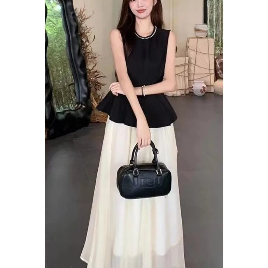 赫本风气质重工钉珠上衣女2025夏季新款高级感纱裙小