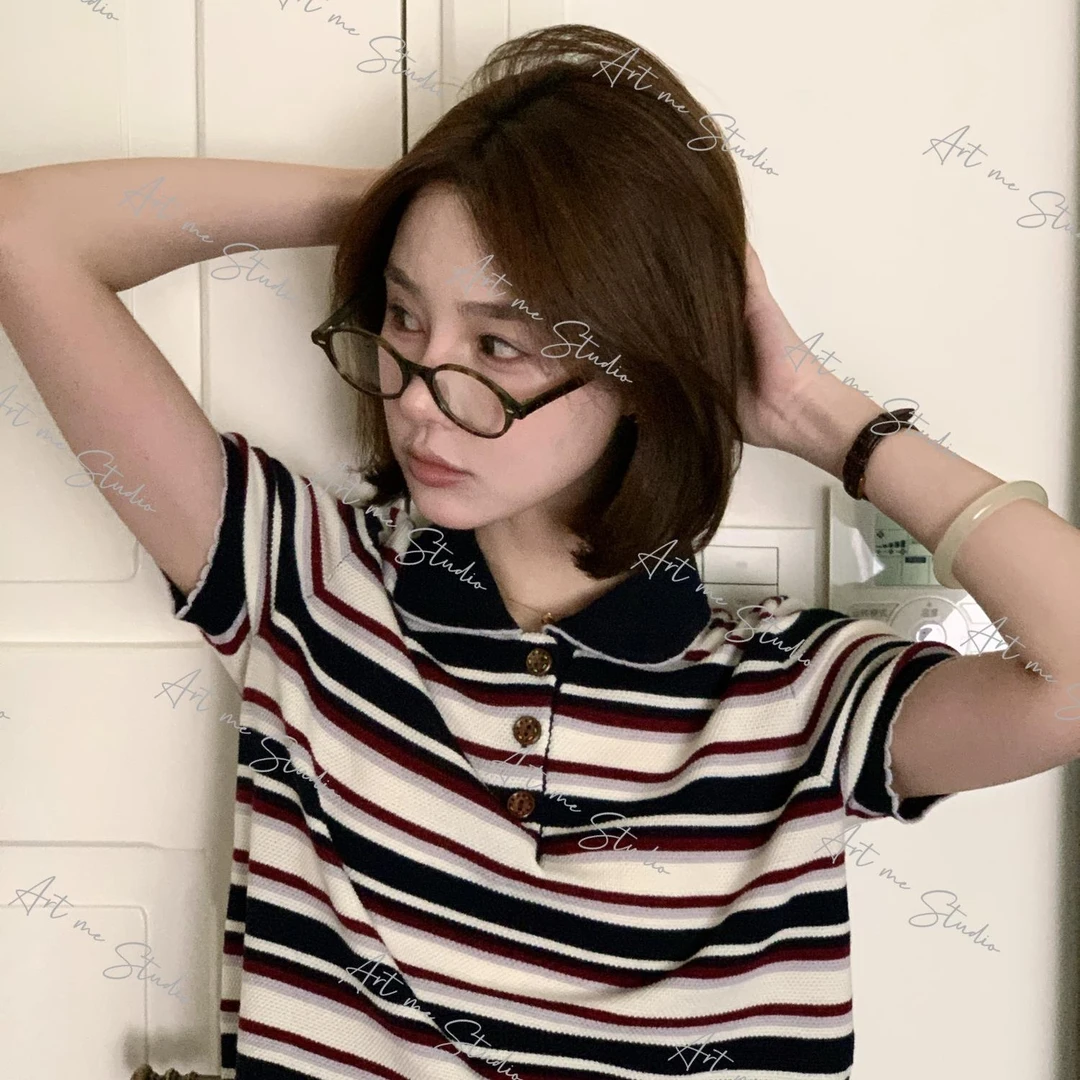 缪系直角肩高密透气孔舒适凉感条纹polo翻领半袖上衣w24342