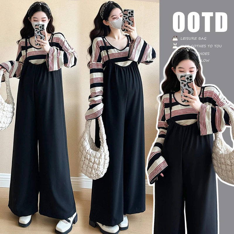 孕妇装韩版早春新款减龄宽松条纹T恤+显瘦背带裤两件套套装