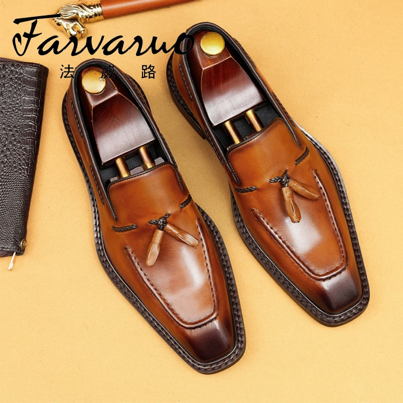 流苏休闲方头鞋新款正装男士皮鞋潮流百搭牛皮套脚真皮透气男鞋