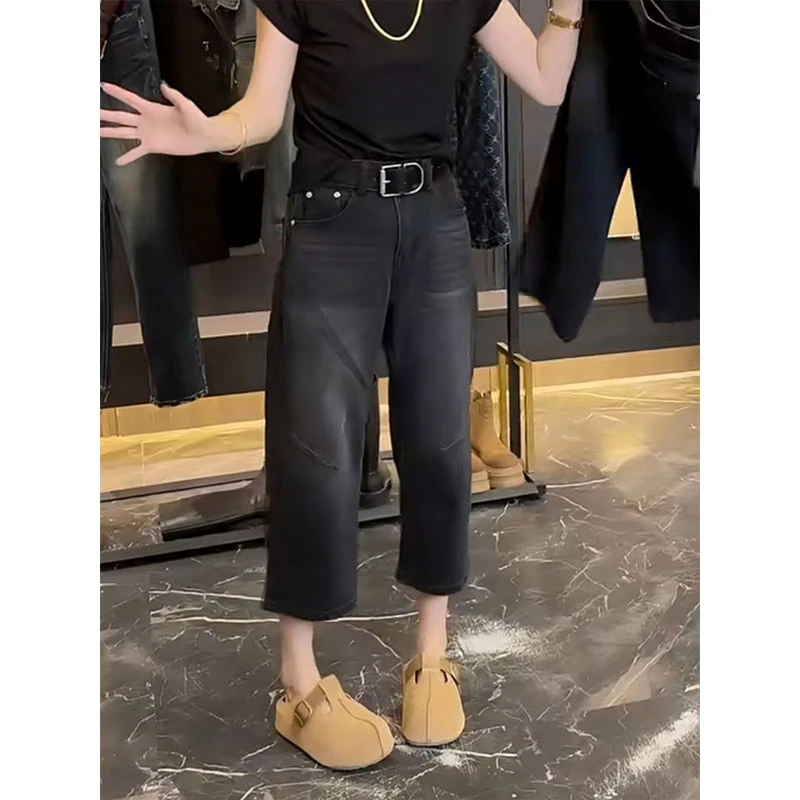 2025早秋新款高腰时尚减龄显瘦直筒阔腿裤大码百搭宽松八分牛仔裤
