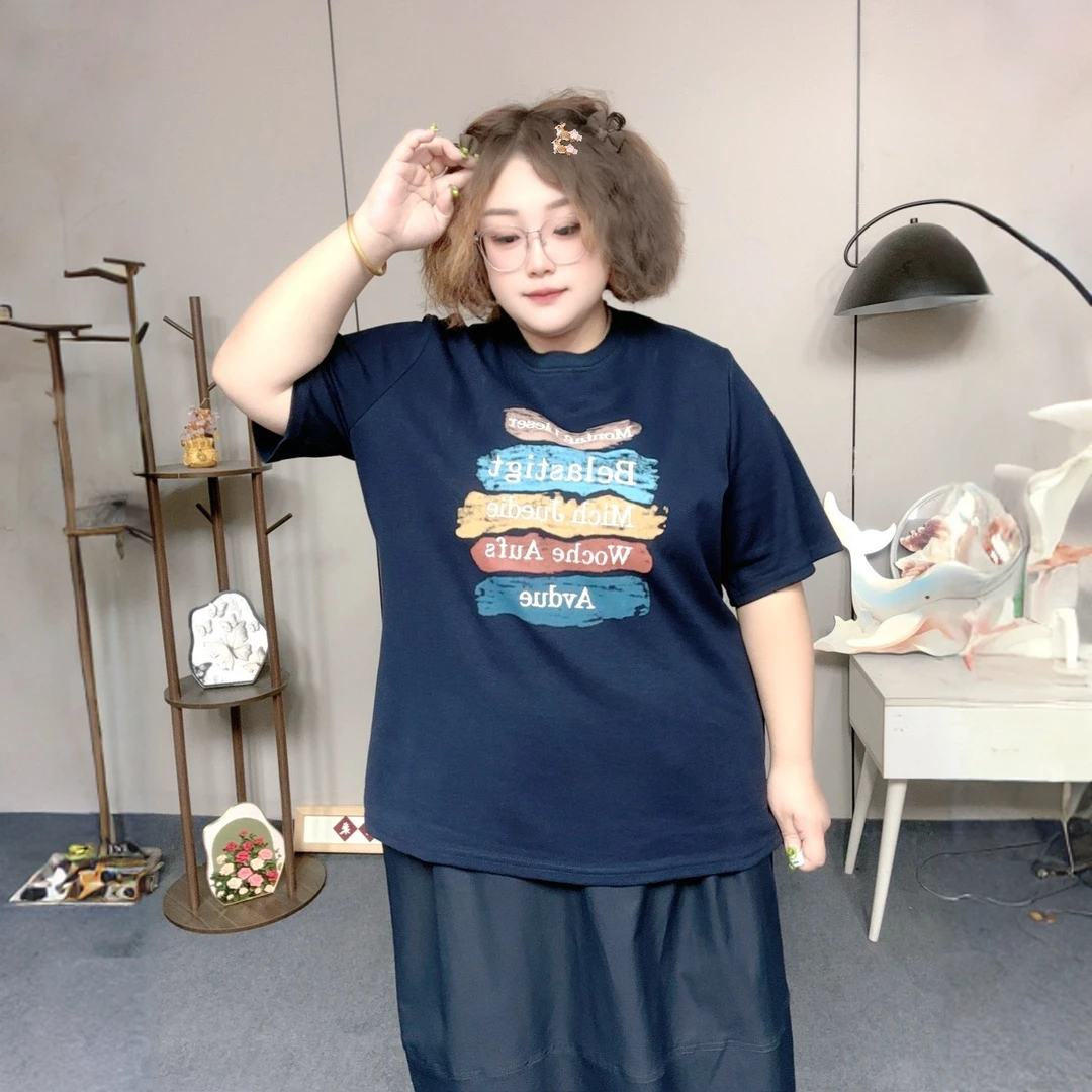 鲸鱼大码#早秋新款简约印花刺绣半袖T恤休闲彩绘朋克风字母短袖女